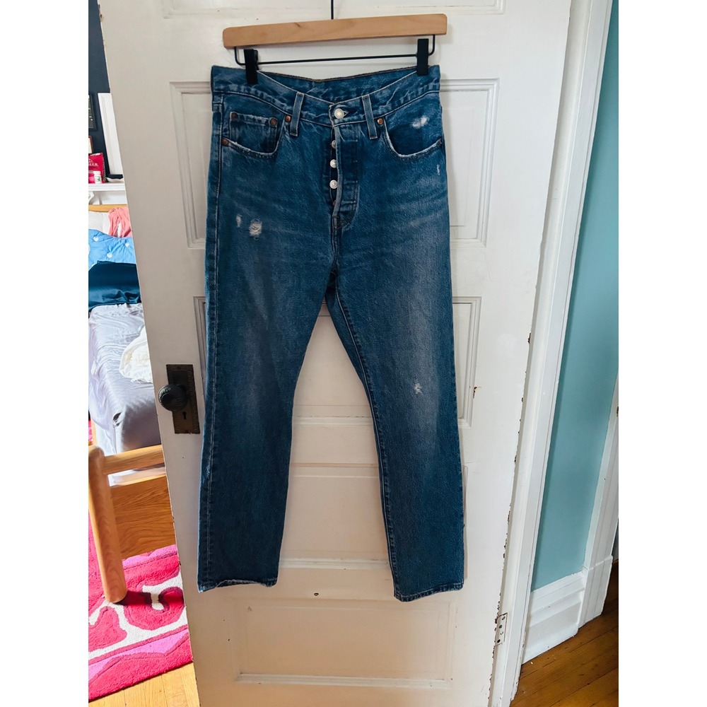 Levi's 501 Jeans Women 27 Blue Premium Button Front Straight Leg Distressed